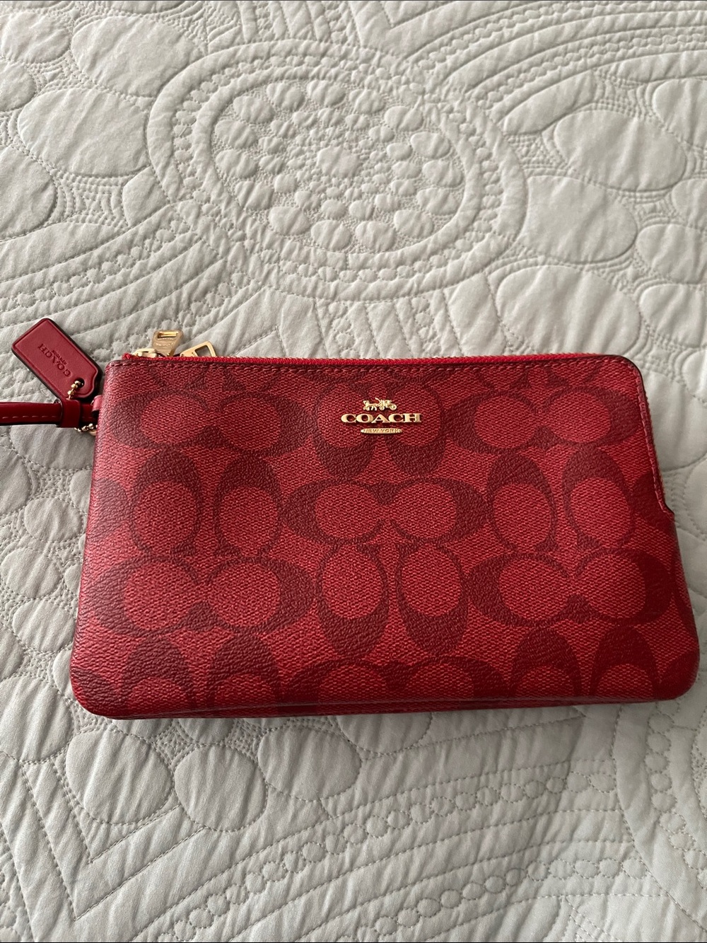 COACH Red Signature Double Zip Wristlet with Gold Logo